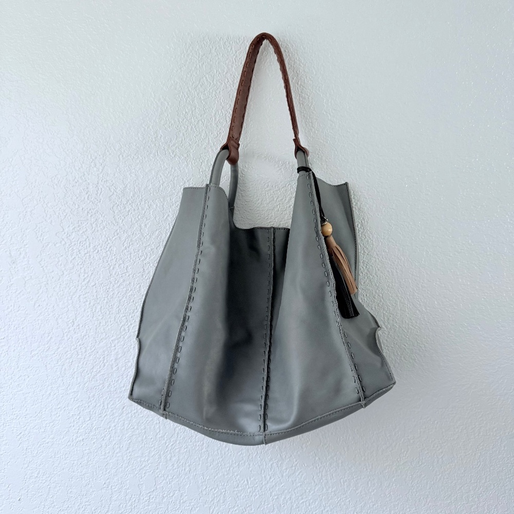 The Sak Gray Shoulder Bag with Brown Handles